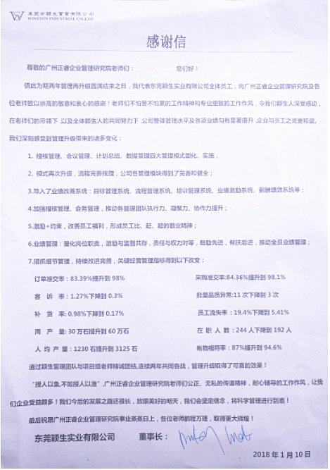 東莞市穎生實業(yè)有限公司贈予正睿咨詢的感謝信 東莞市穎生實業(yè)有限公司贈予正睿咨詢的感謝信