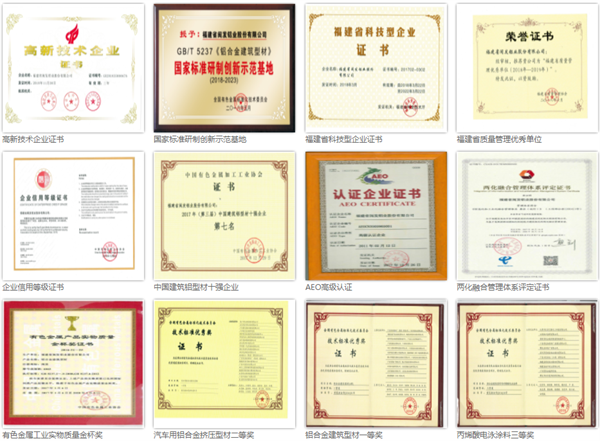 福建省閩發鋁業股份有限公司部分榮譽證書 福建省閩發鋁業股份有限公司部分榮譽證書