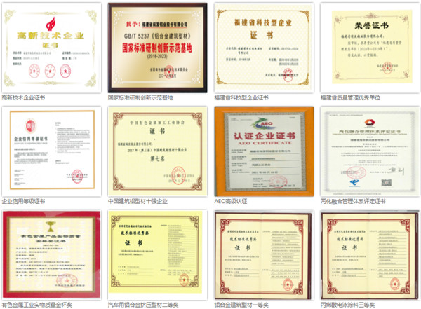 福建省閩發鋁業股份有限公司榮譽證書 福建省閩發鋁業股份有限公司榮譽證書
