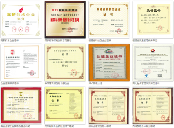 福建省閩發鋁業股份有限公司榮譽證書 福建省閩發鋁業股份有限公司榮譽證書
